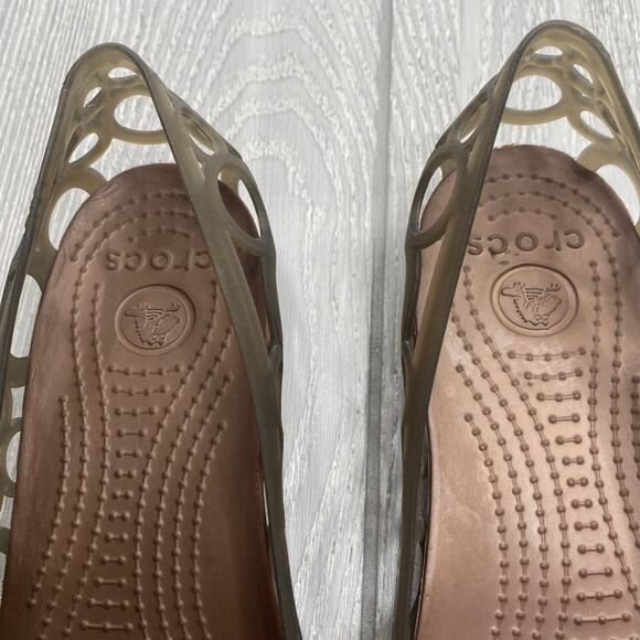 Crocs Women's Tan Smoked Jelly Rubber Peep Toe Adrina Flats Size 8 - Picture 7 of 10
